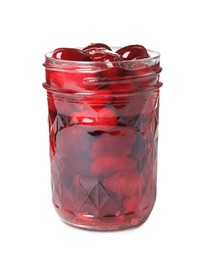 Photo of Delicious dogwood jam with berries in glass jar isolated on white