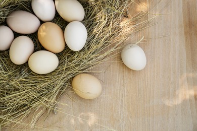 Photo of Nest with fresh raw eggs on wooden table, flat lay