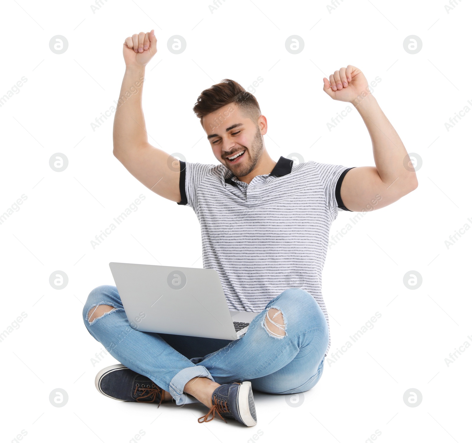 Photo of Emotional man with laptop on white background