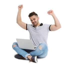 Emotional man with laptop on white background