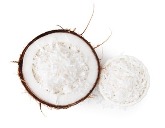 Photo of Coconut flakes and nut isolated on white, top view