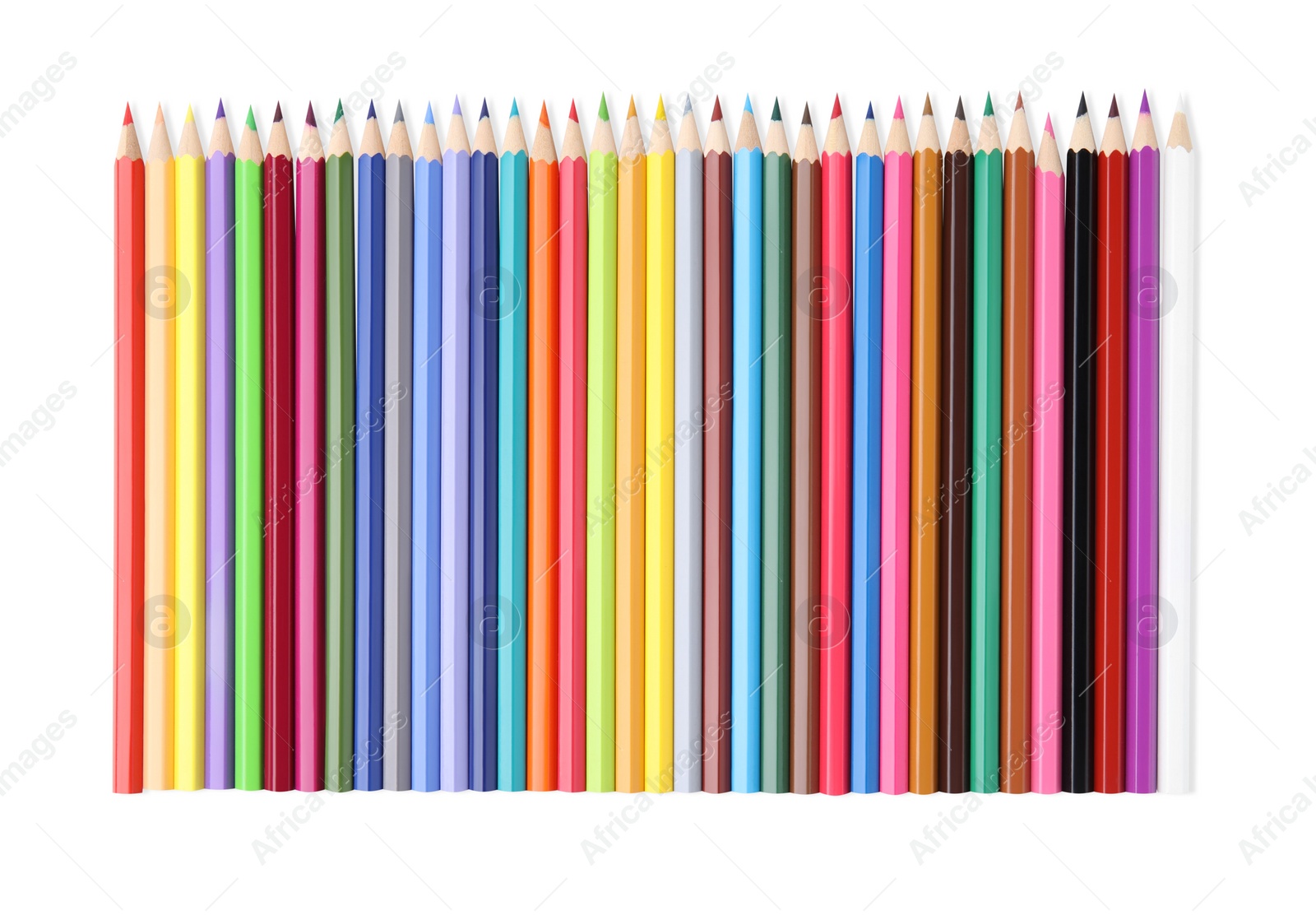 Photo of Many colorful wooden pencils on white background, top view