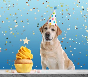 Image of Cute dog with party hat and delicious birthday cupcake on light blue background
