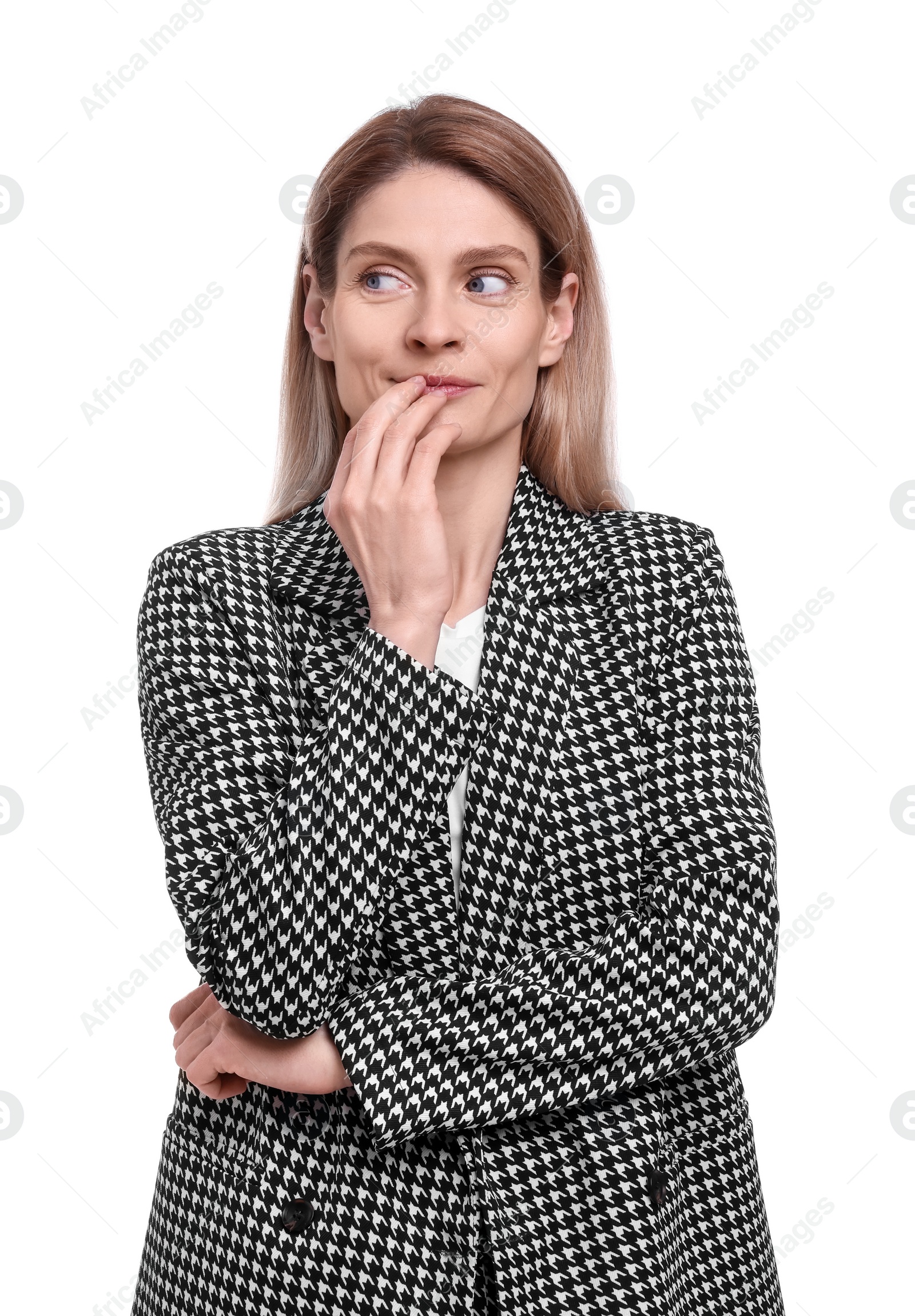 Photo of Beautiful happy businesswoman in suit on white background