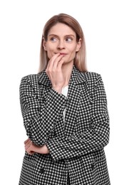 Photo of Beautiful happy businesswoman in suit on white background