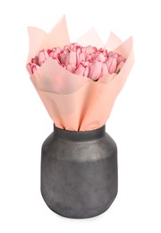 Photo of Bouquet of beautiful pink tulips in vase isolated on white