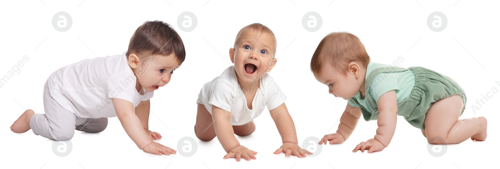 Image of Collage with photos cute little babies crawling on white background. Banner design