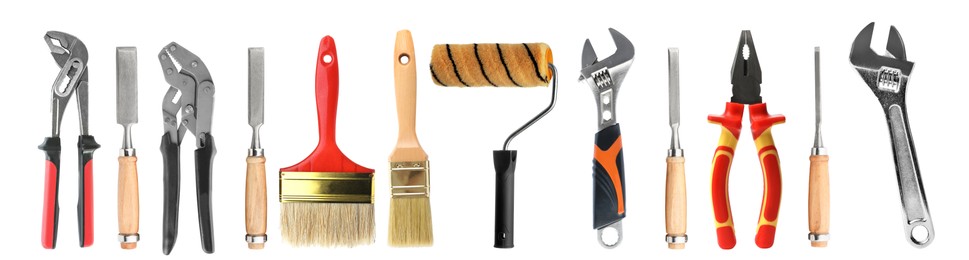 Image of Set with different tools on white background. Banner design