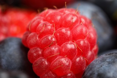 Photo of Different fresh ripe berries as background, macro view