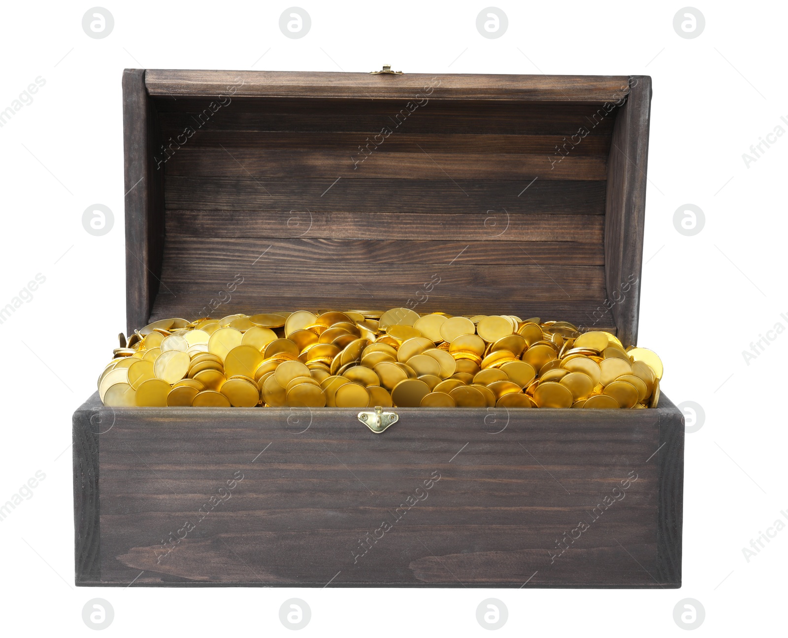 Image of Open treasure chest with gold coins isolated on white