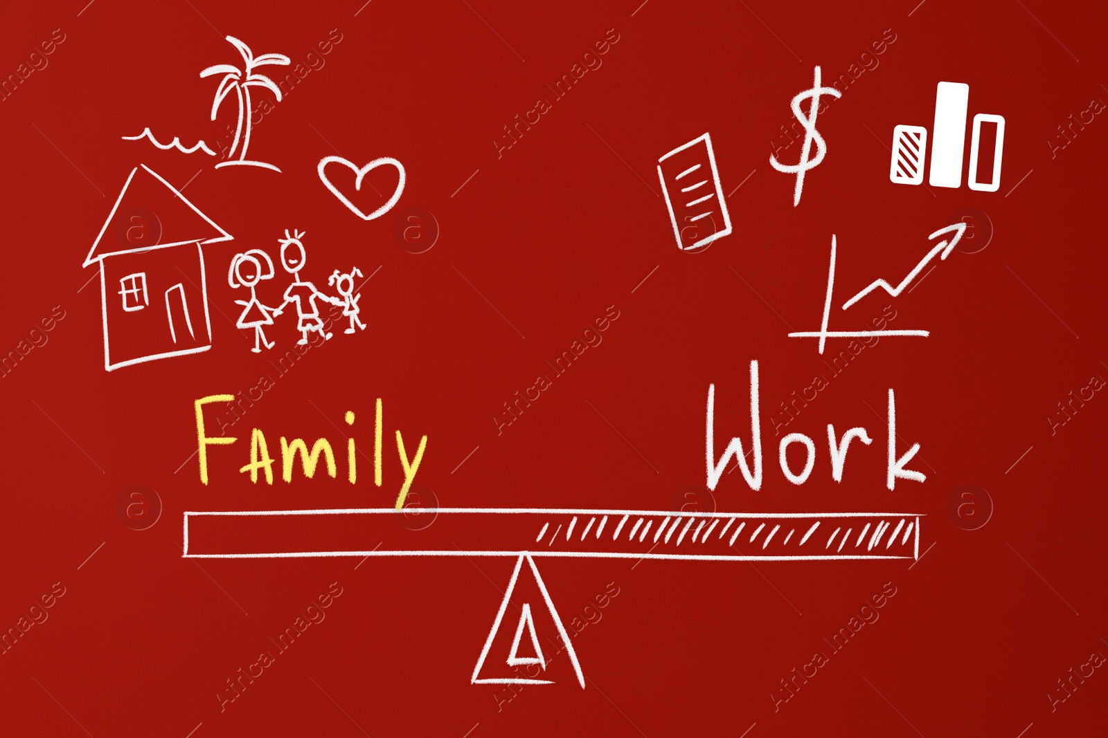 Image of Life balance. Illustration representing choice between family and work on red background