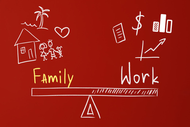 Image of Life balance. Illustration representing choice between family and work on red background