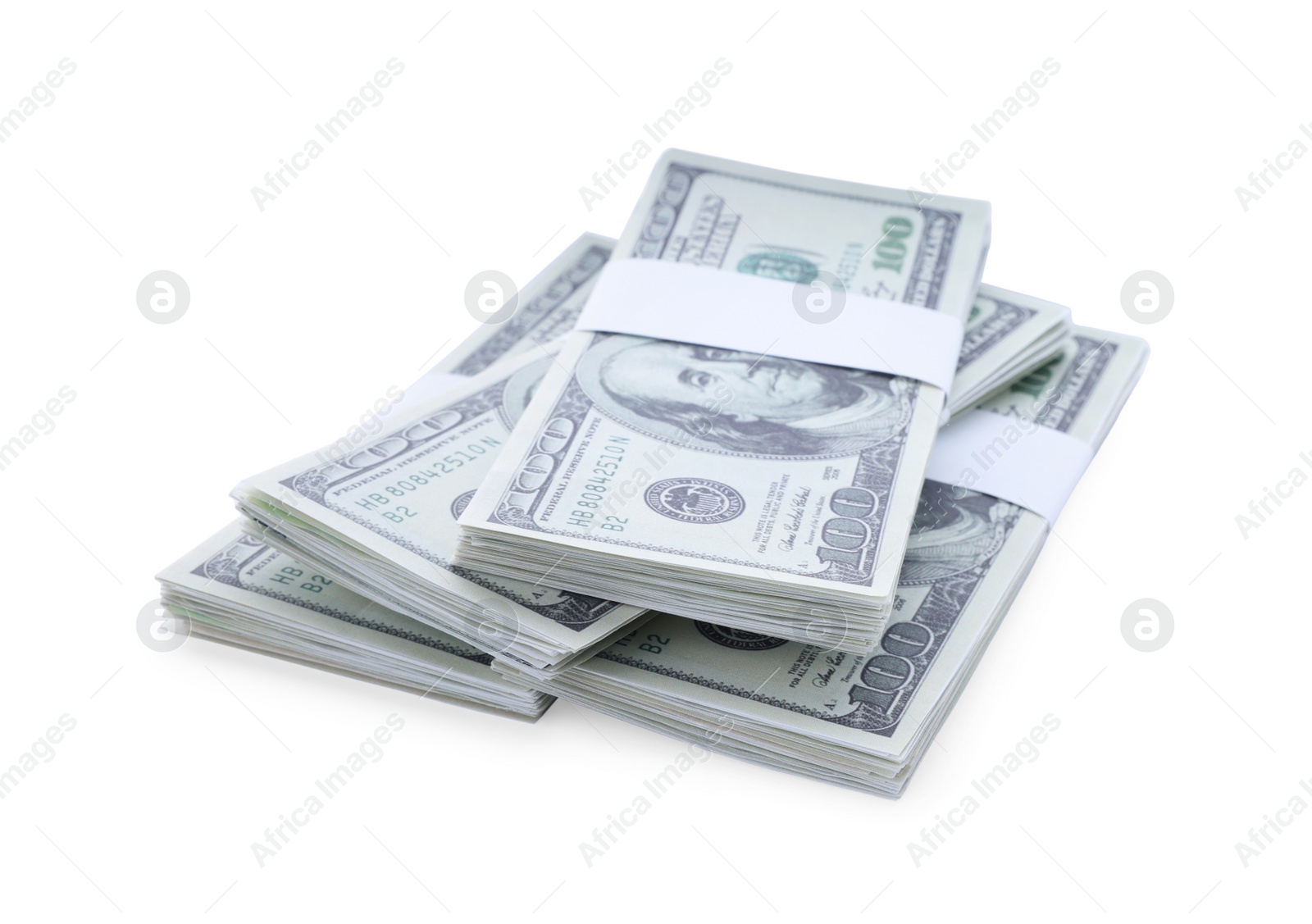 Photo of Bundles of dollar banknotes isolated on white. American national currency