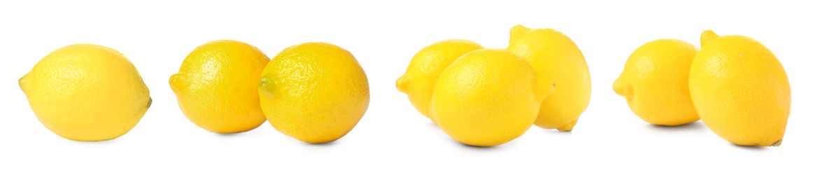 Image of Set with fresh ripe lemons on white background. Banner design 