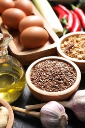 Many different healthy food on table, closeup