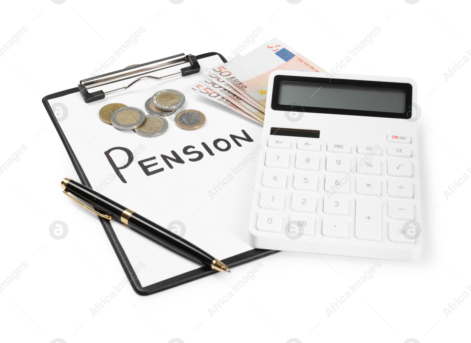 Photo of Calculator, money, clipboard with paper sheet and pen isolated on white. Pension concept