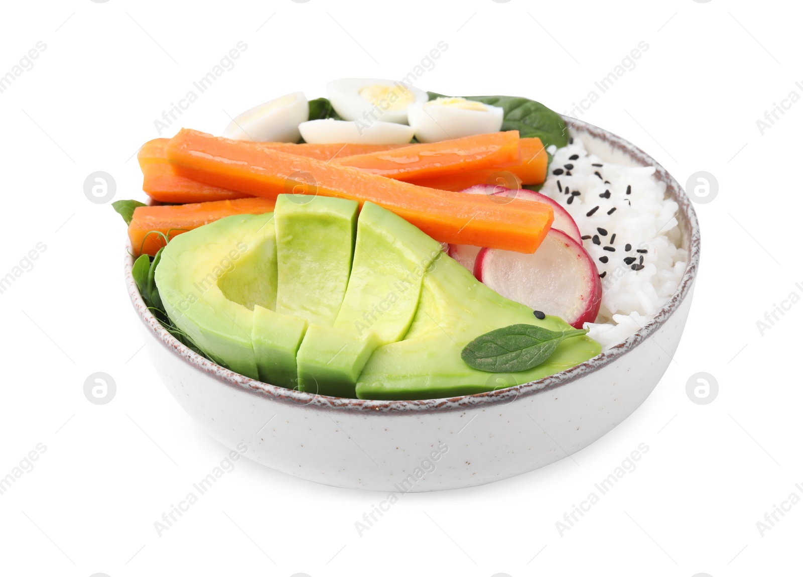 Photo of Delicious poke bowl with basil, eggs, avocado and vegetables isolated on white