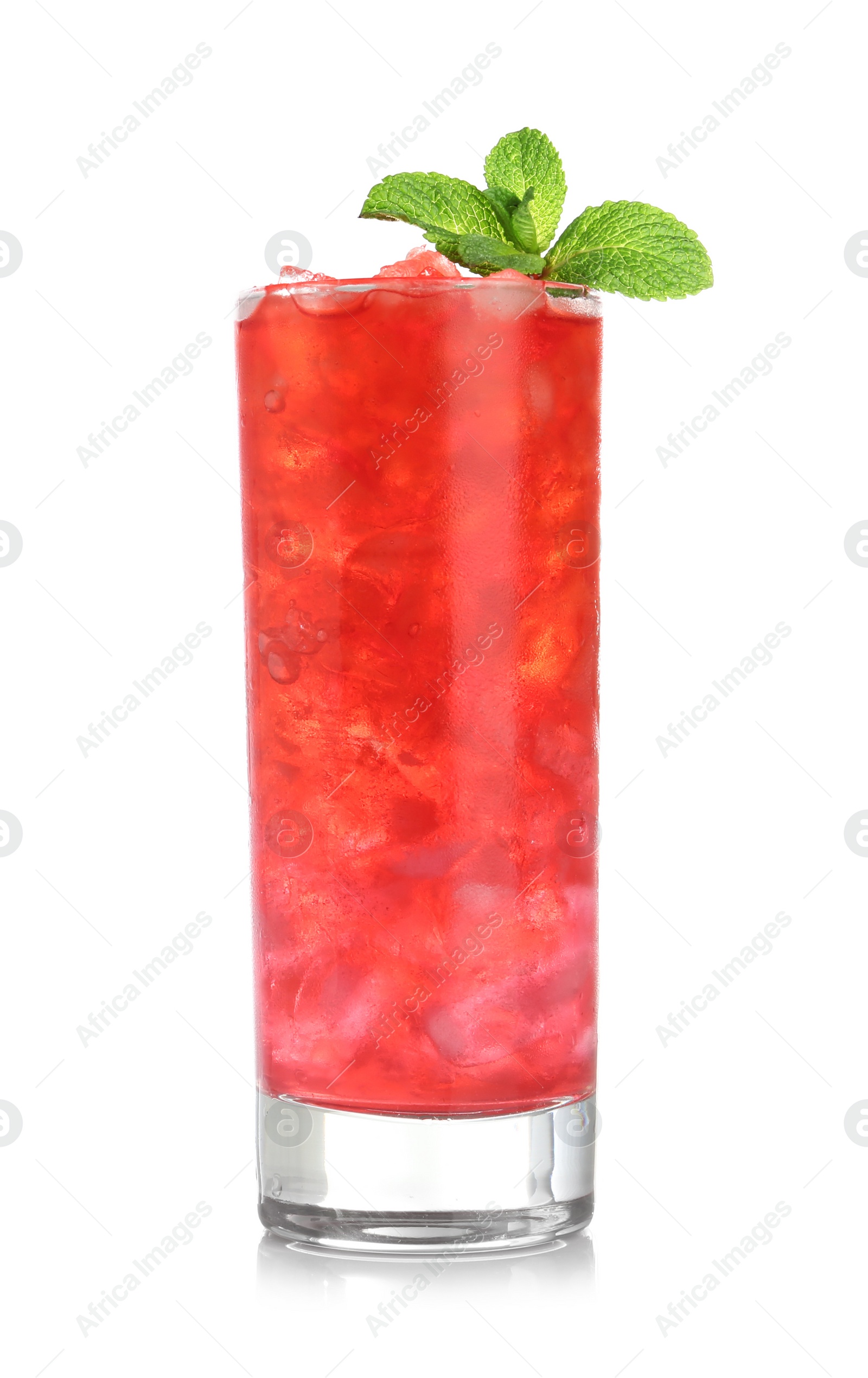 Photo of Tasty cocktail with ice cubes and mint isolated on white