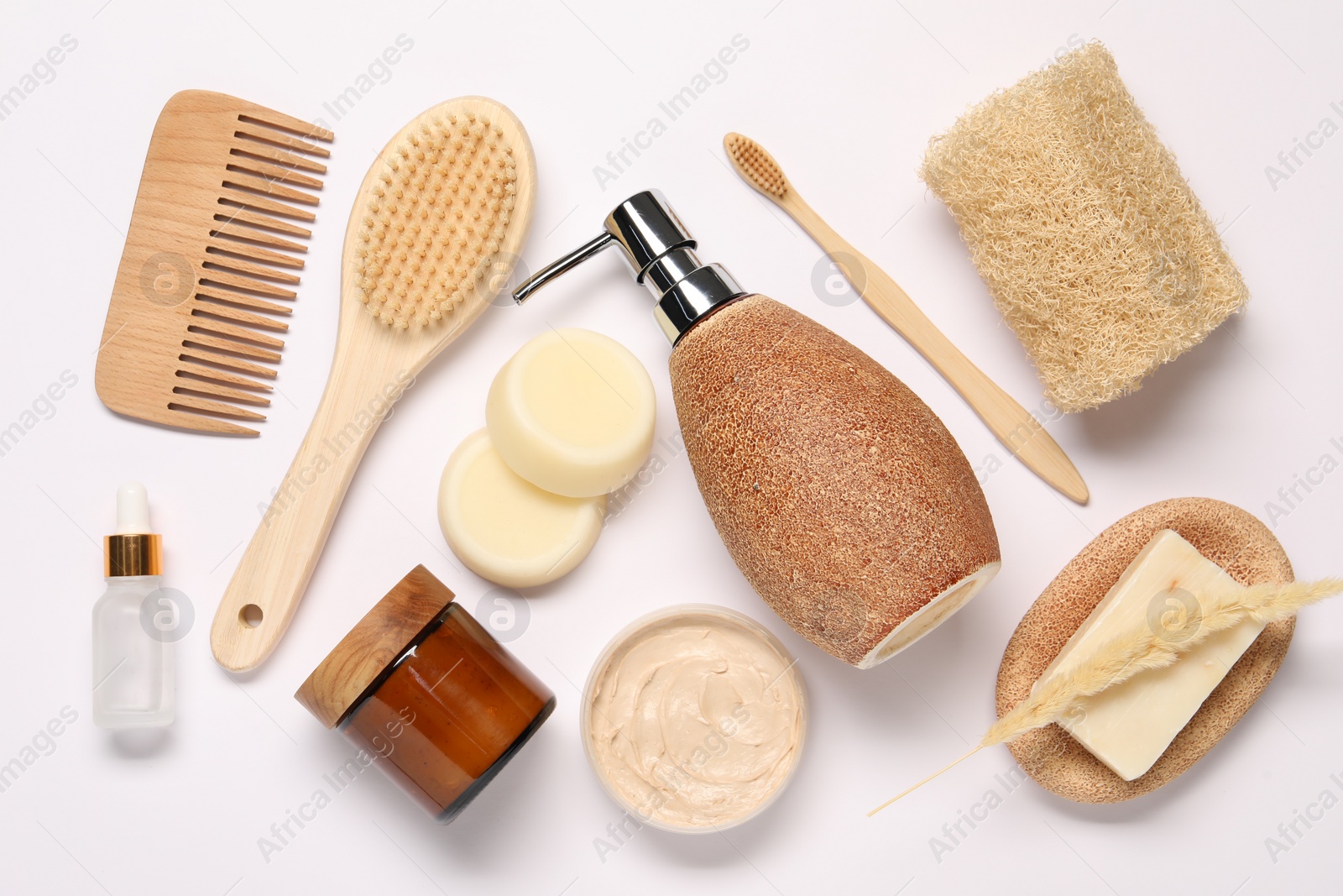 Photo of Bath accessories. Different personal care products on white background, flat lay