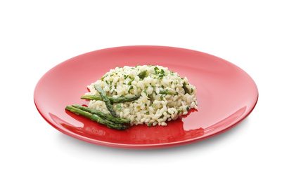 Photo of Delicious risotto with asparagus isolated on white