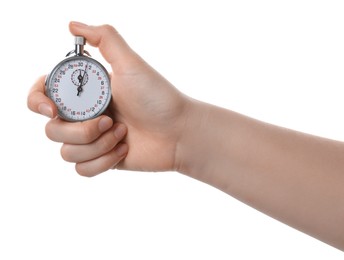 Photo of Woman holding vintage timer on white background, closeup