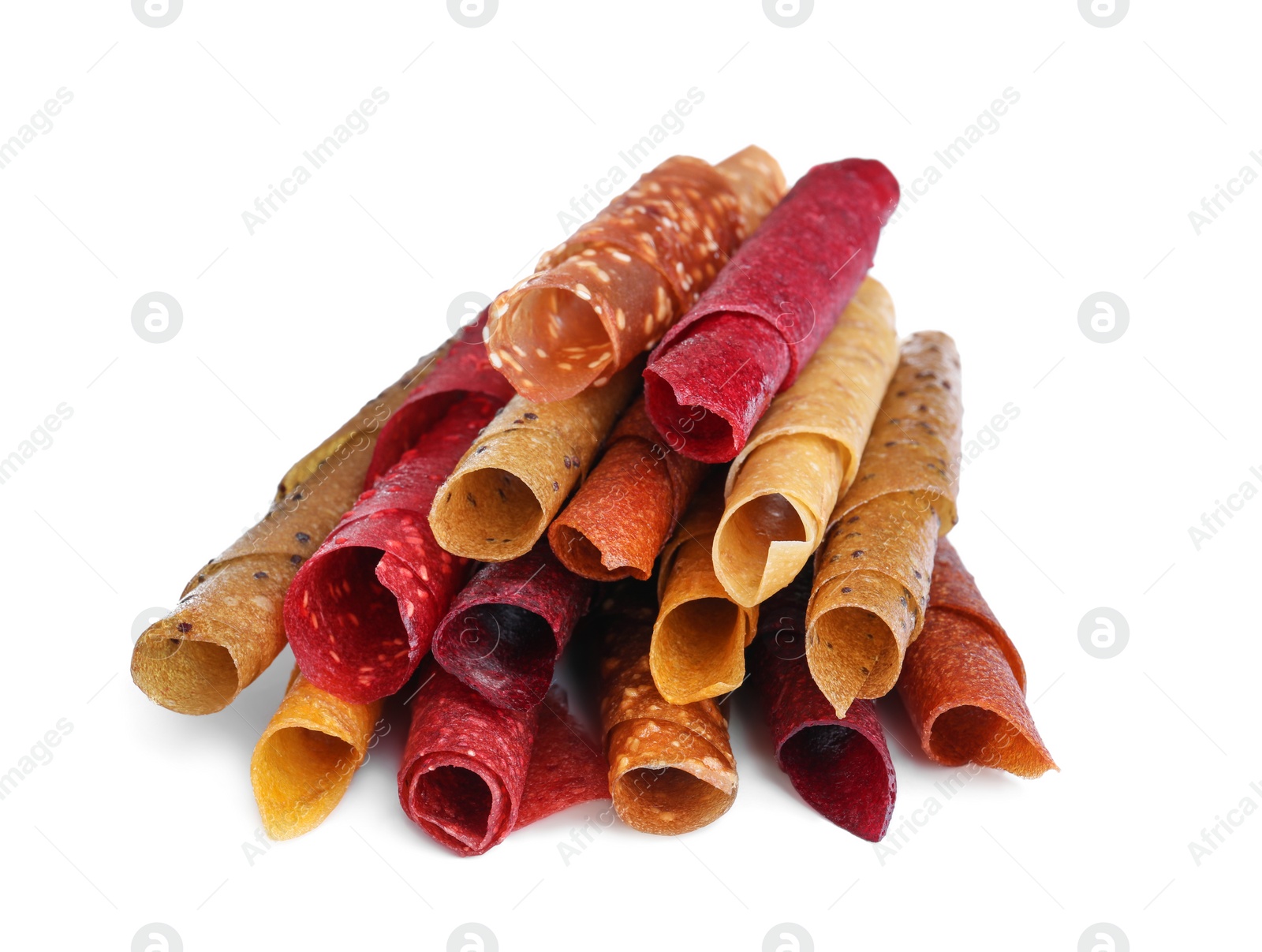 Photo of Delicious fruit leather rolls on white background