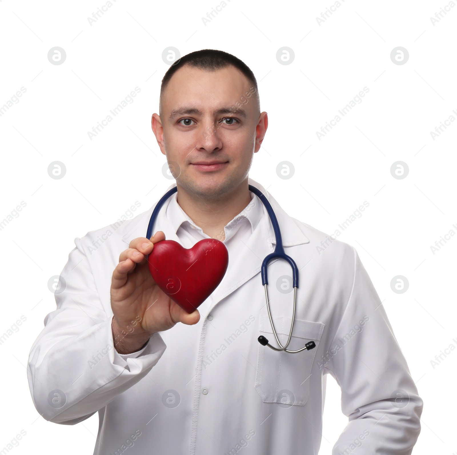 Photo of Doctor with stethoscope and red heart on white background. Cardiology concept