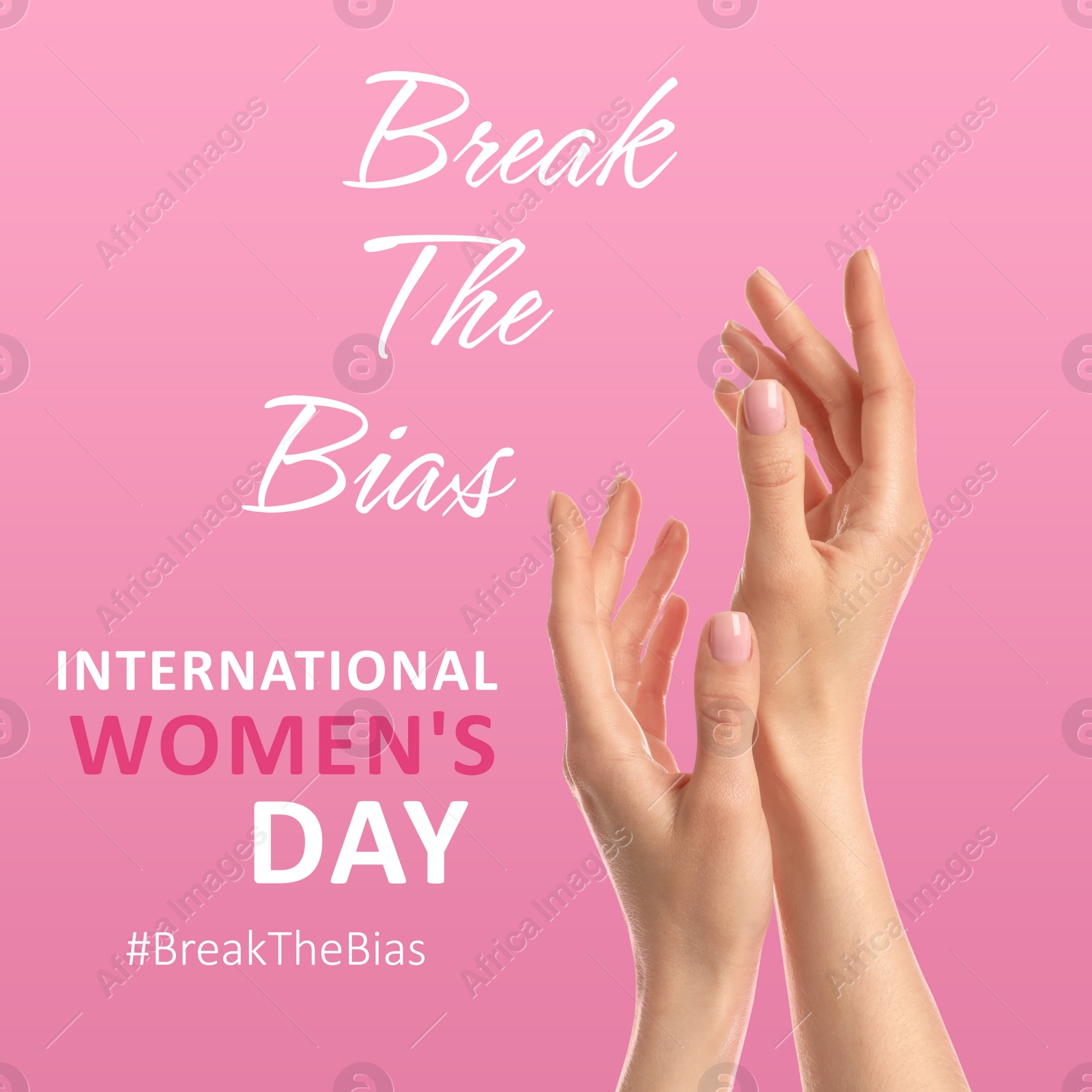 Image of International Women's Day, Break The Bias. Closeup view of woman on pink background