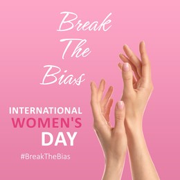 International Women's Day, Break The Bias. Closeup view of woman on pink background