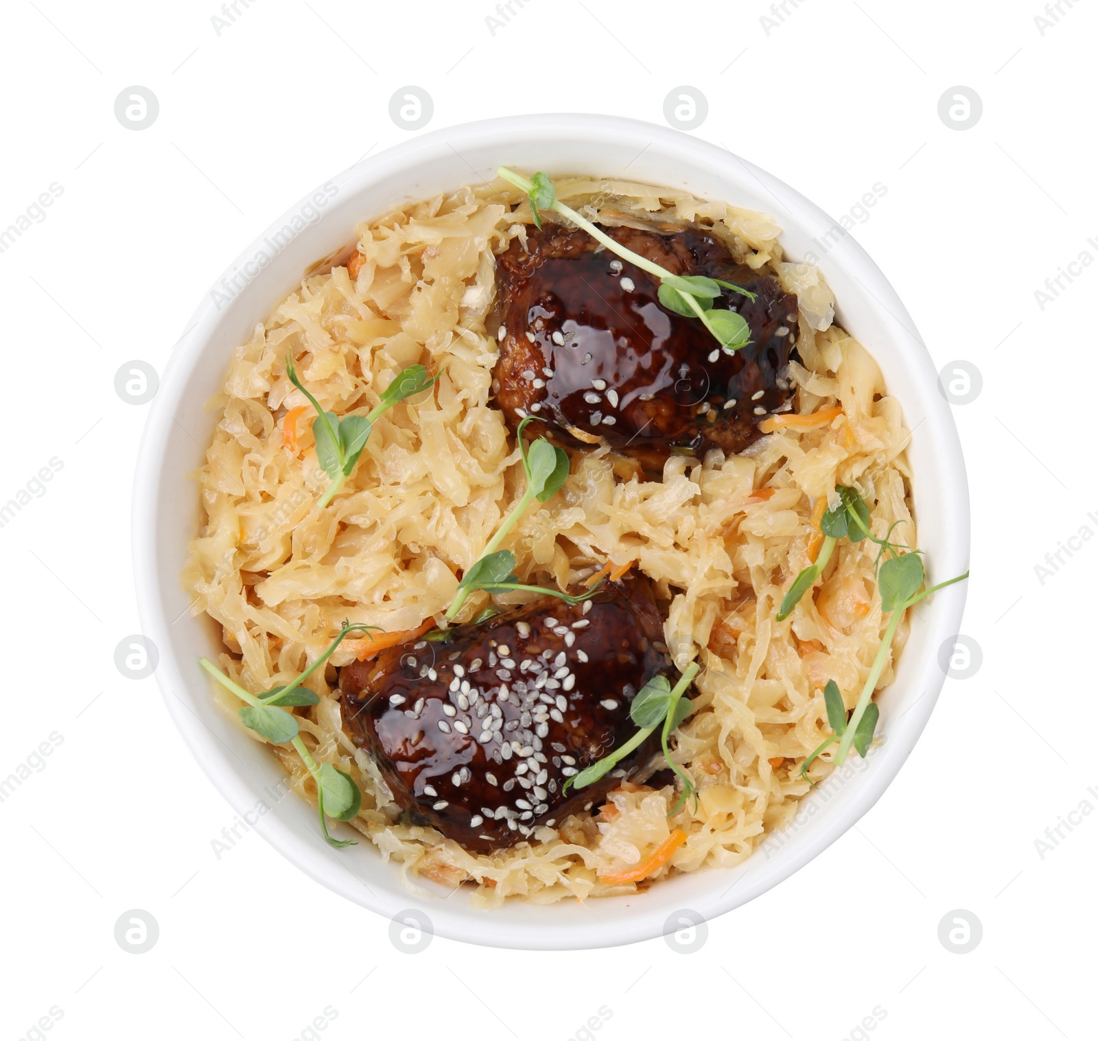 Photo of Bowl with sauerkraut and chicken isolated on white, top view