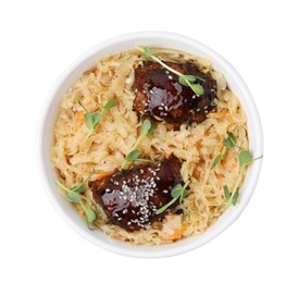 Photo of Bowl with sauerkraut and chicken isolated on white, top view