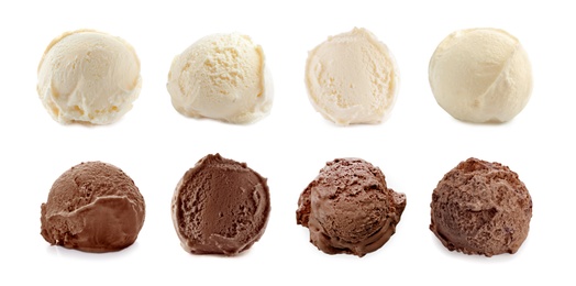 Image of Set with scoops of different ice creams on white background. Banner design 