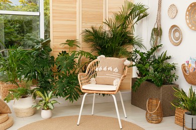 Room interior with stylish furniture and green plants