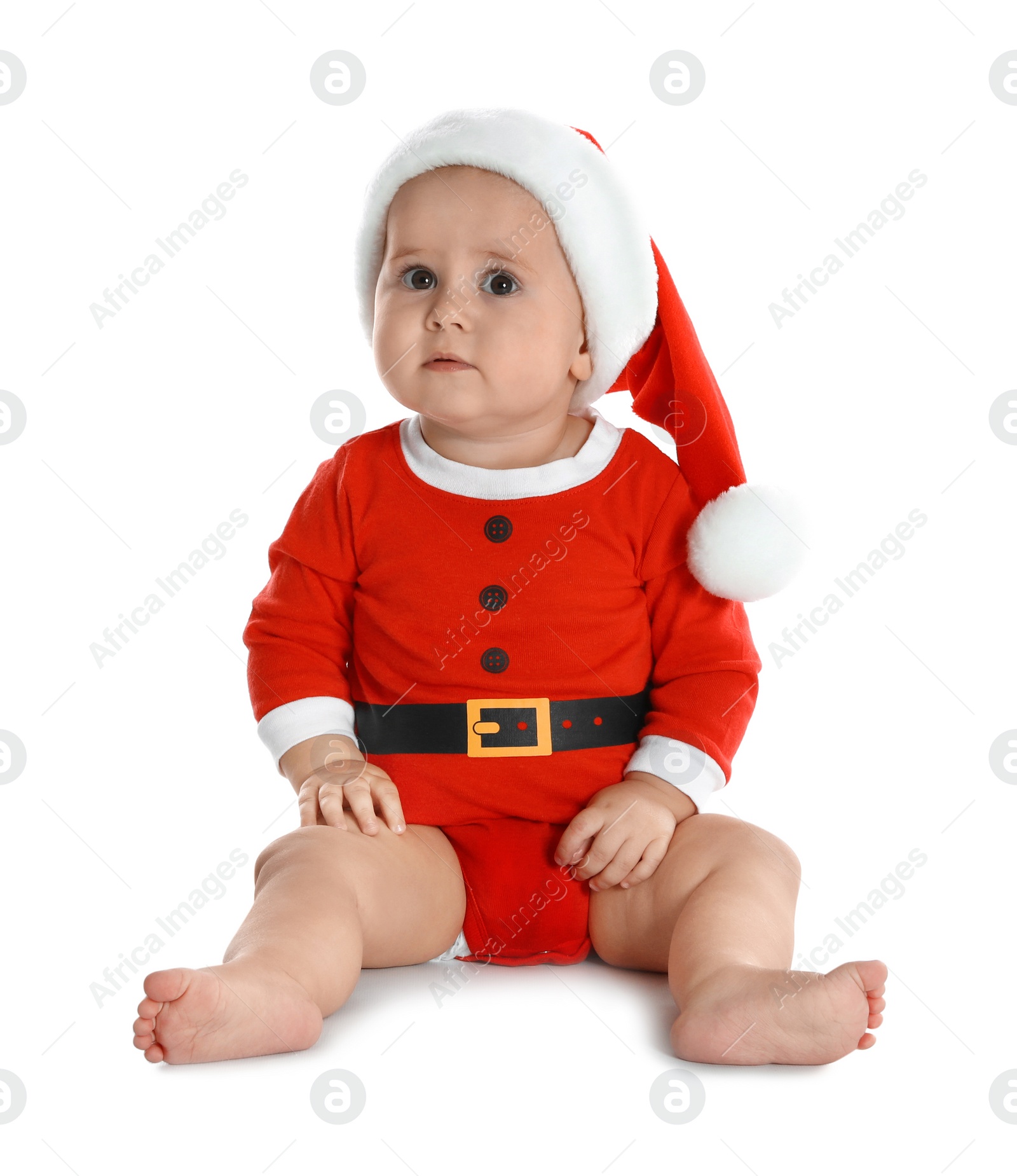 Photo of Cute little baby wearing festive Christmas costume on white background