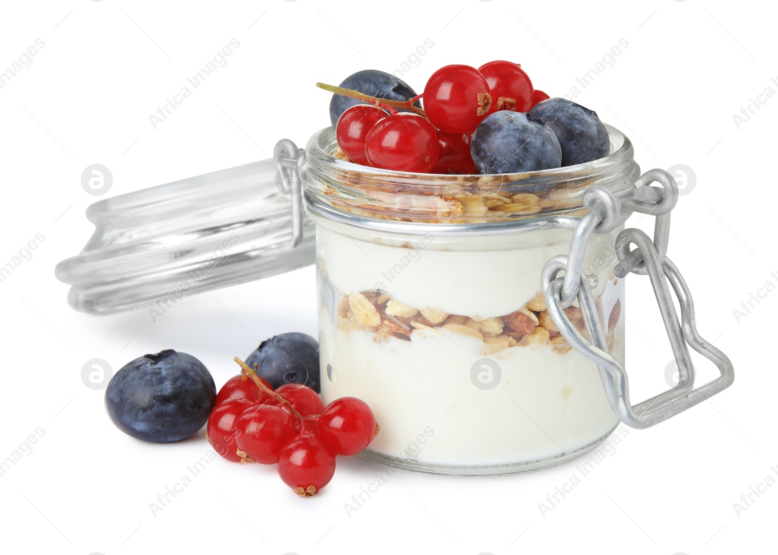 Photo of Delicious yogurt parfait with fresh berries on white background