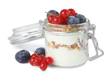 Delicious yogurt parfait with fresh berries on white background