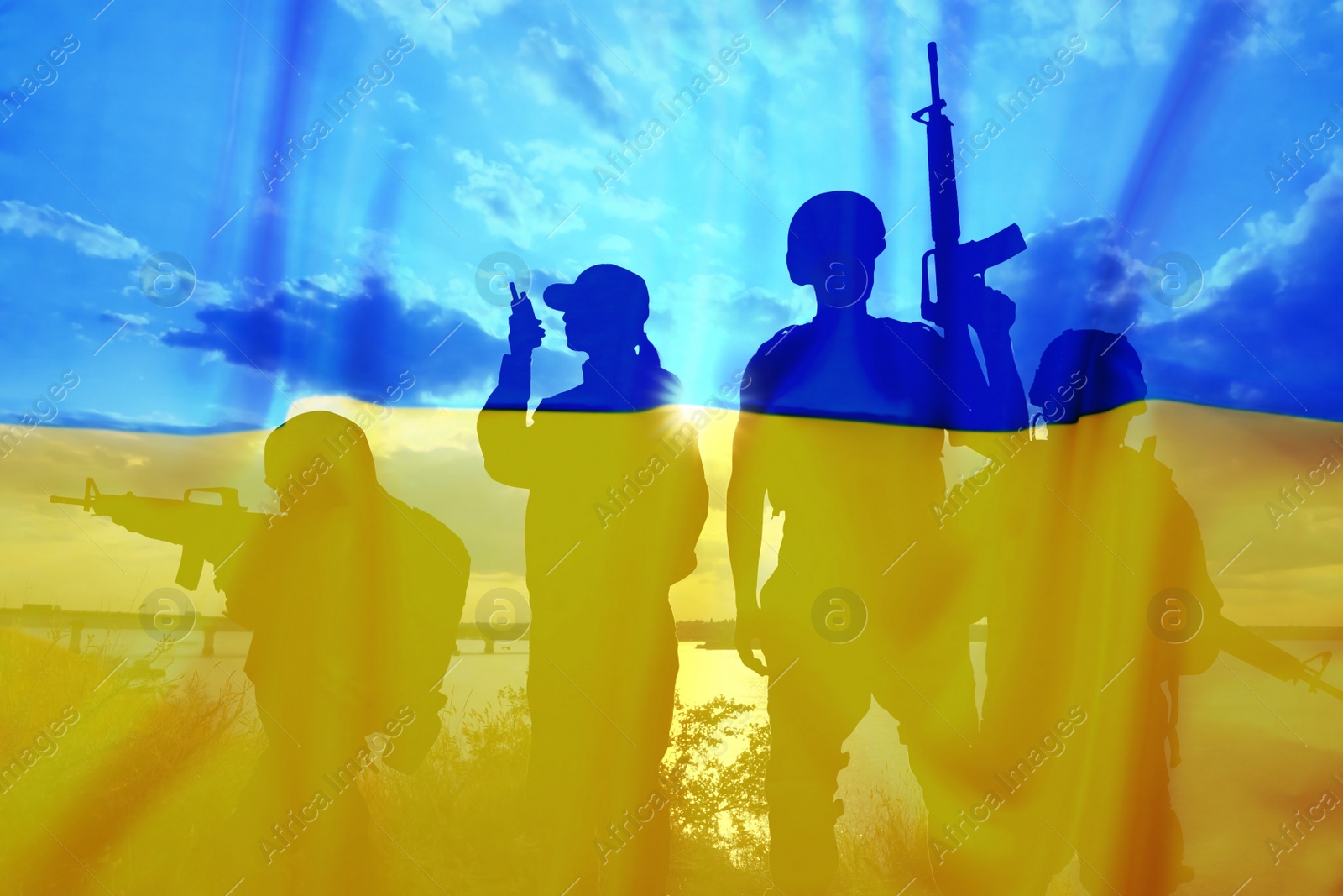 Image of Silhouettes of soldiers and Ukrainian national flag, double exposure