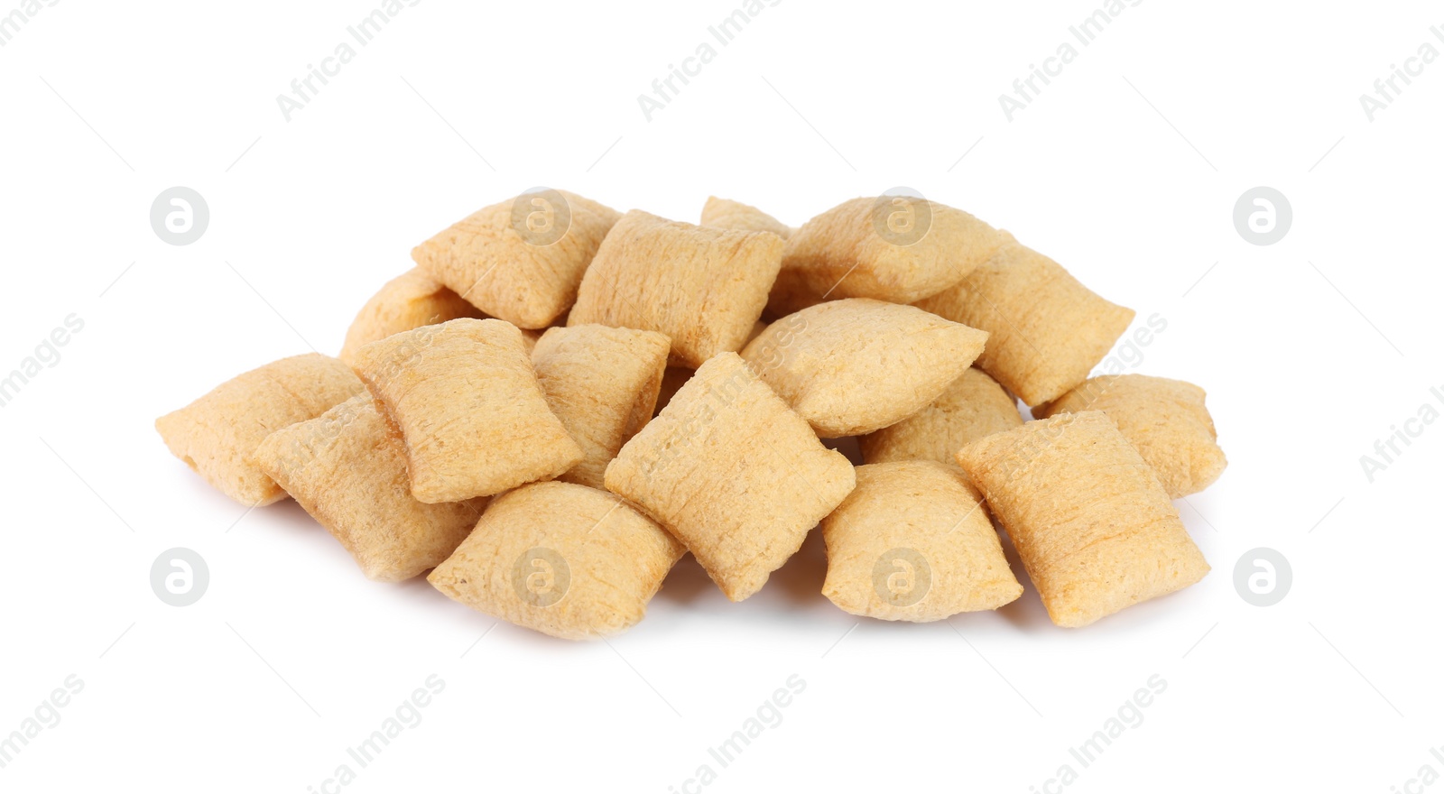 Photo of Heap of sweet crispy corn pads on white background. Breakfast cereal