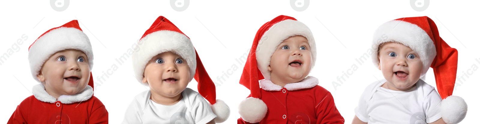 Image of Collage with photos of cute baby on white background, banner design. First Christmas 