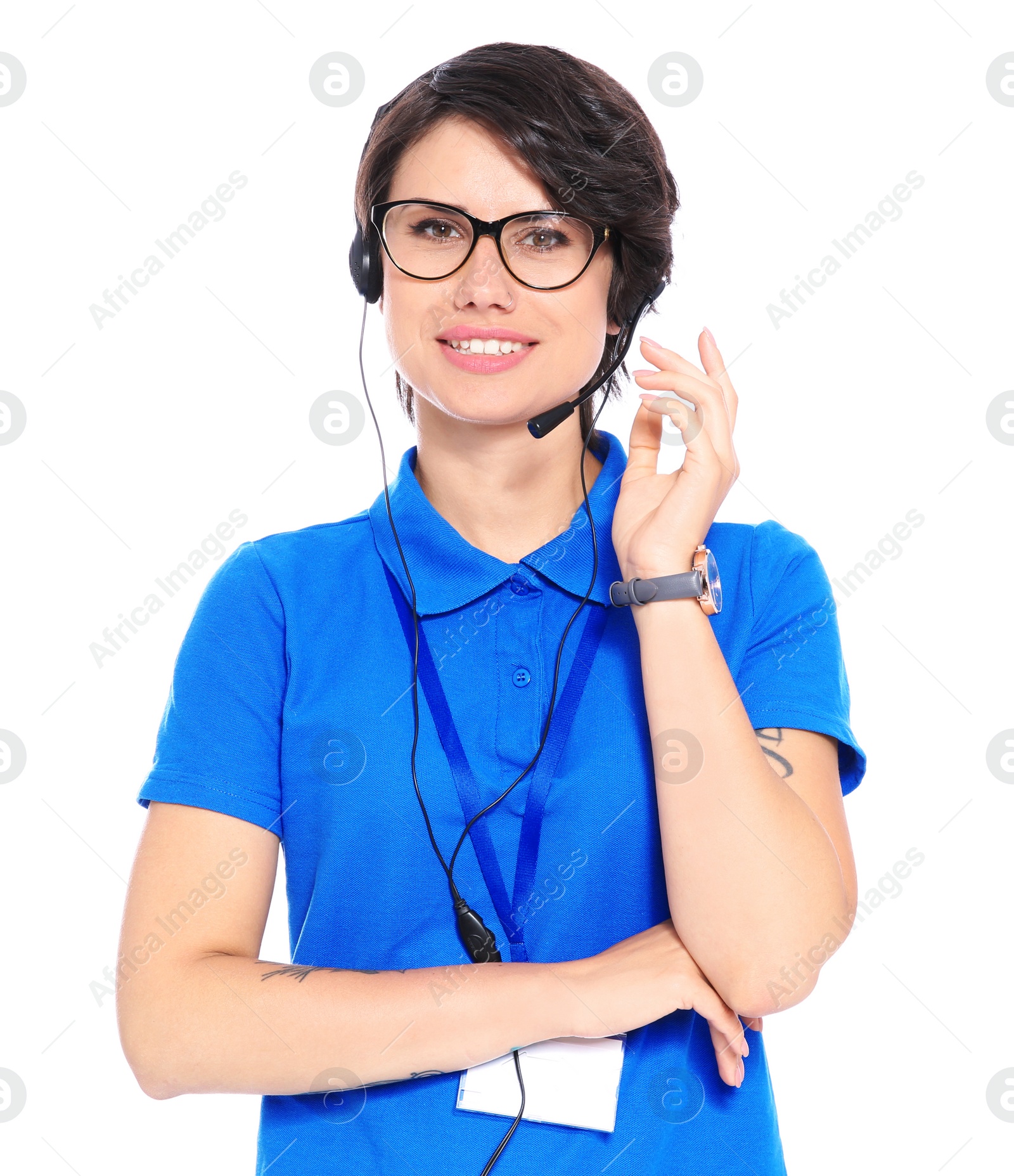 Photo of Female technical support operator with headset on white background