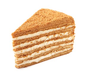 Photo of Slice of delicious layered honey cake isolated on white