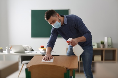 Photo of Teacher with protective mask disinfecting desk in classroom. Reopening after Covid-19 quarantine