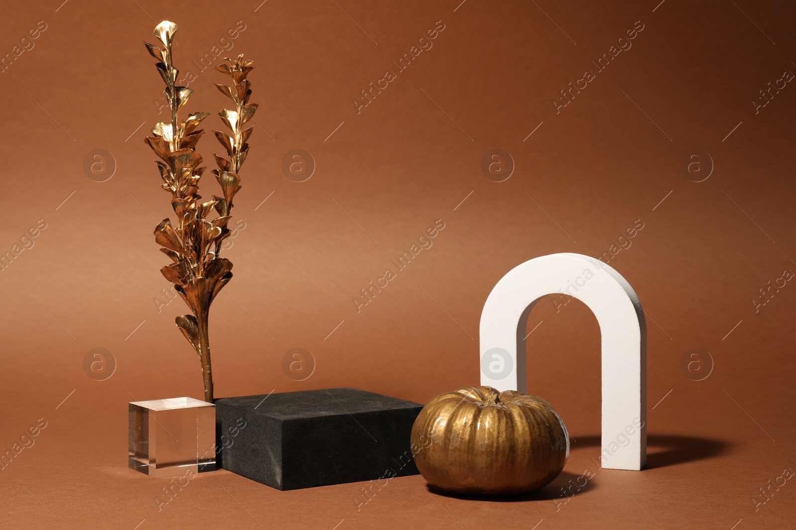 Photo of Autumn presentation for product. Geometric figures, golden branch with leaves and pumpkin on brown background