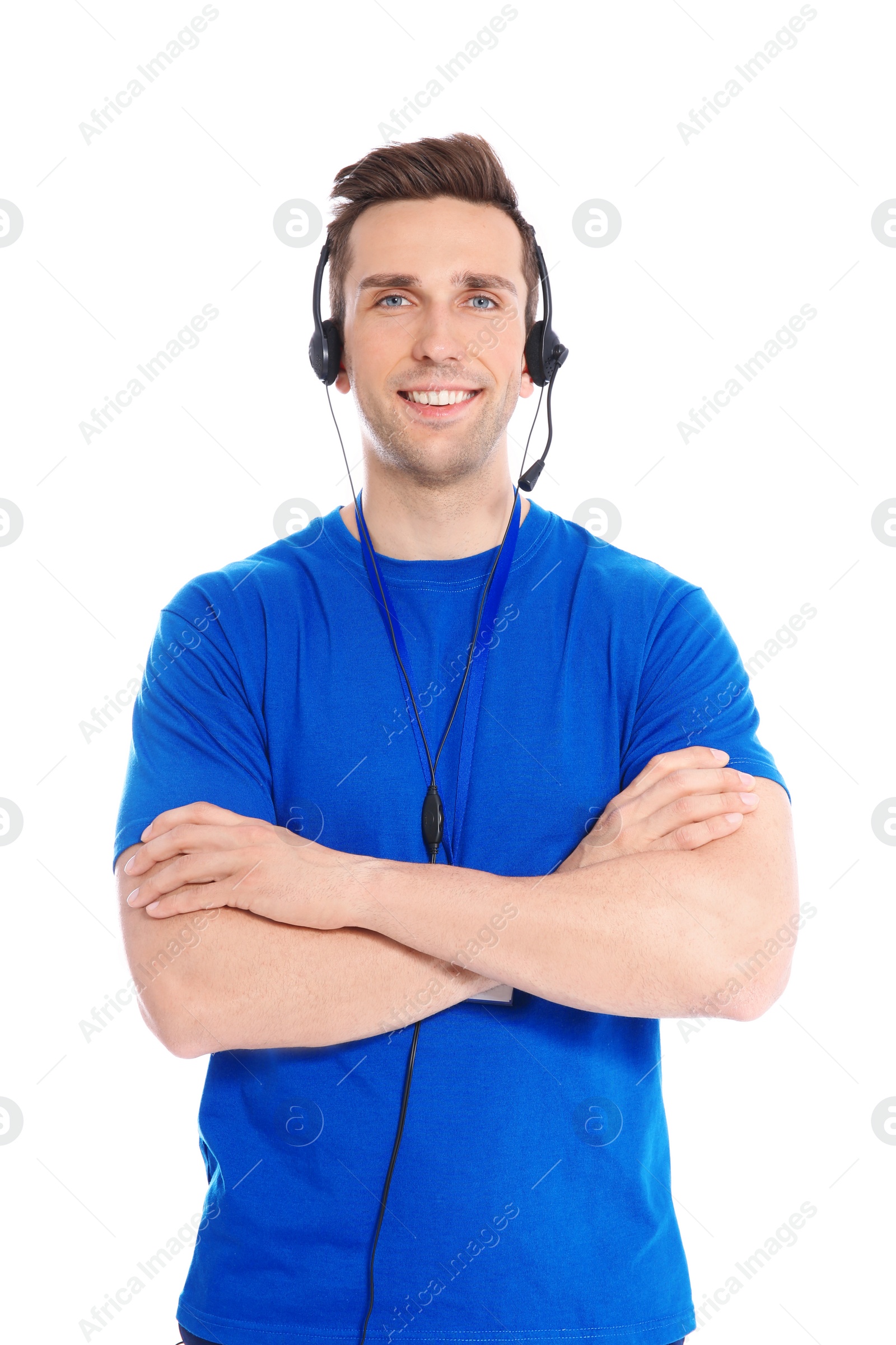 Photo of Male technical support operator with headset on white background