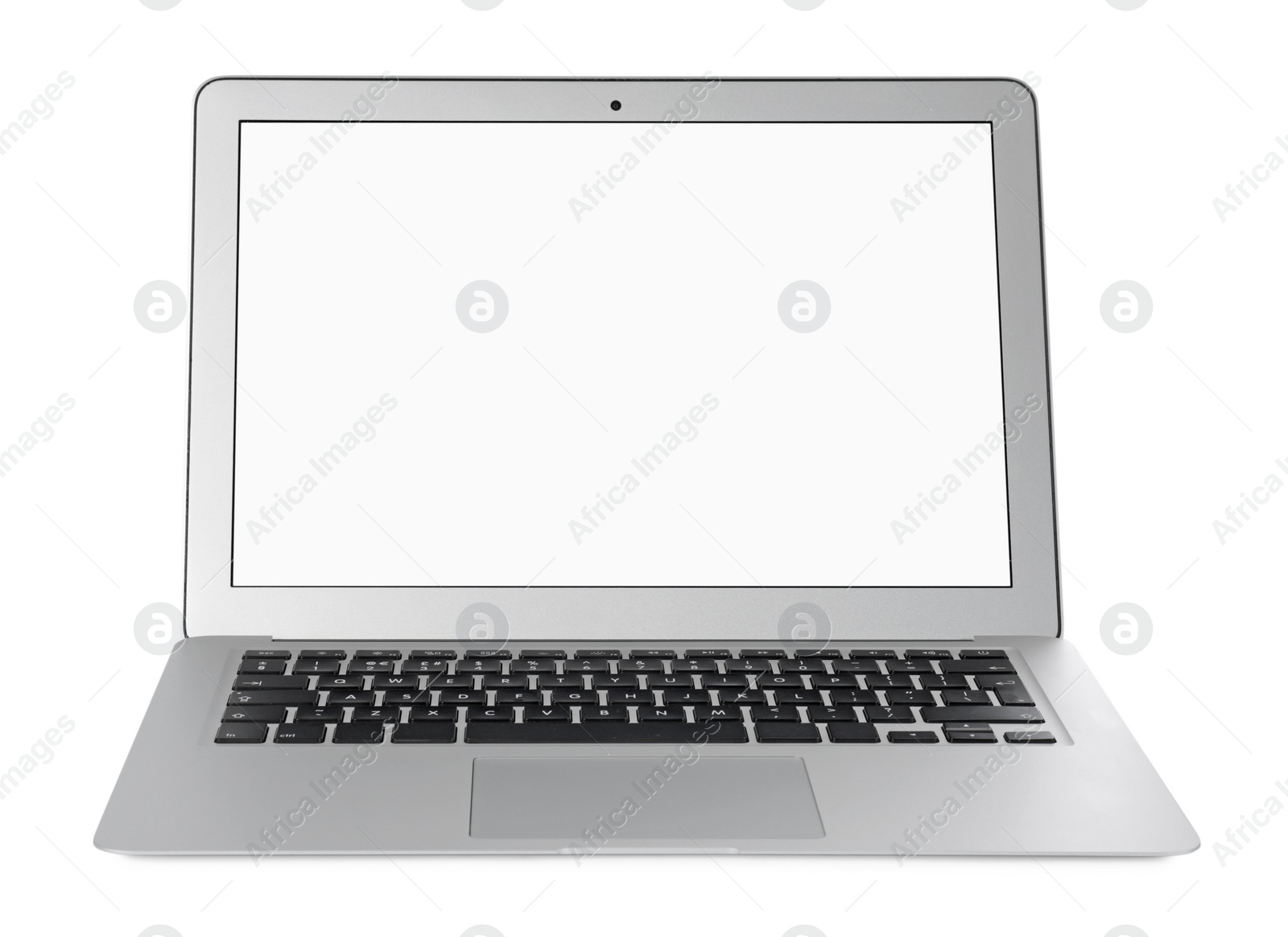 Photo of Modern laptop with blank screen isolated on white