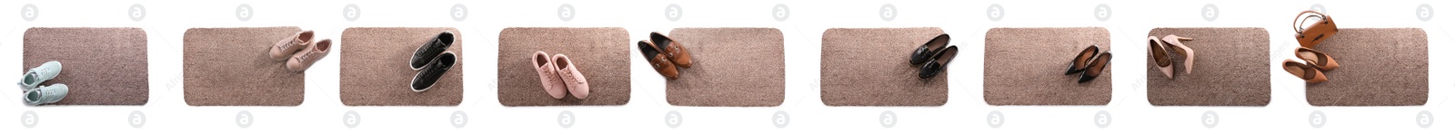 Image of Set with door mats and different shoes on white background, top view. Banner design