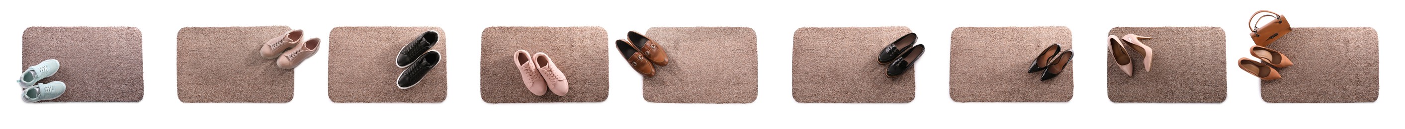 Image of Set with door mats and different shoes on white background, top view. Banner design