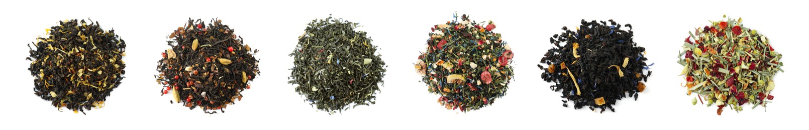 Image of Set with aromatic herbal tea on white background, top view. Banner design