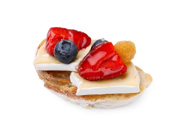 Photo of Tasty sandwich with brie cheese and fresh berries isolated on white