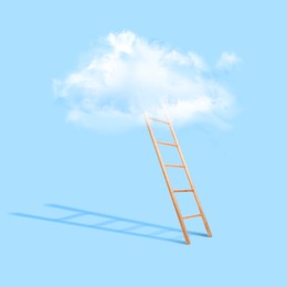 Image of Wooden ladder leading to white cloud on light blue background. Concept of growth and development